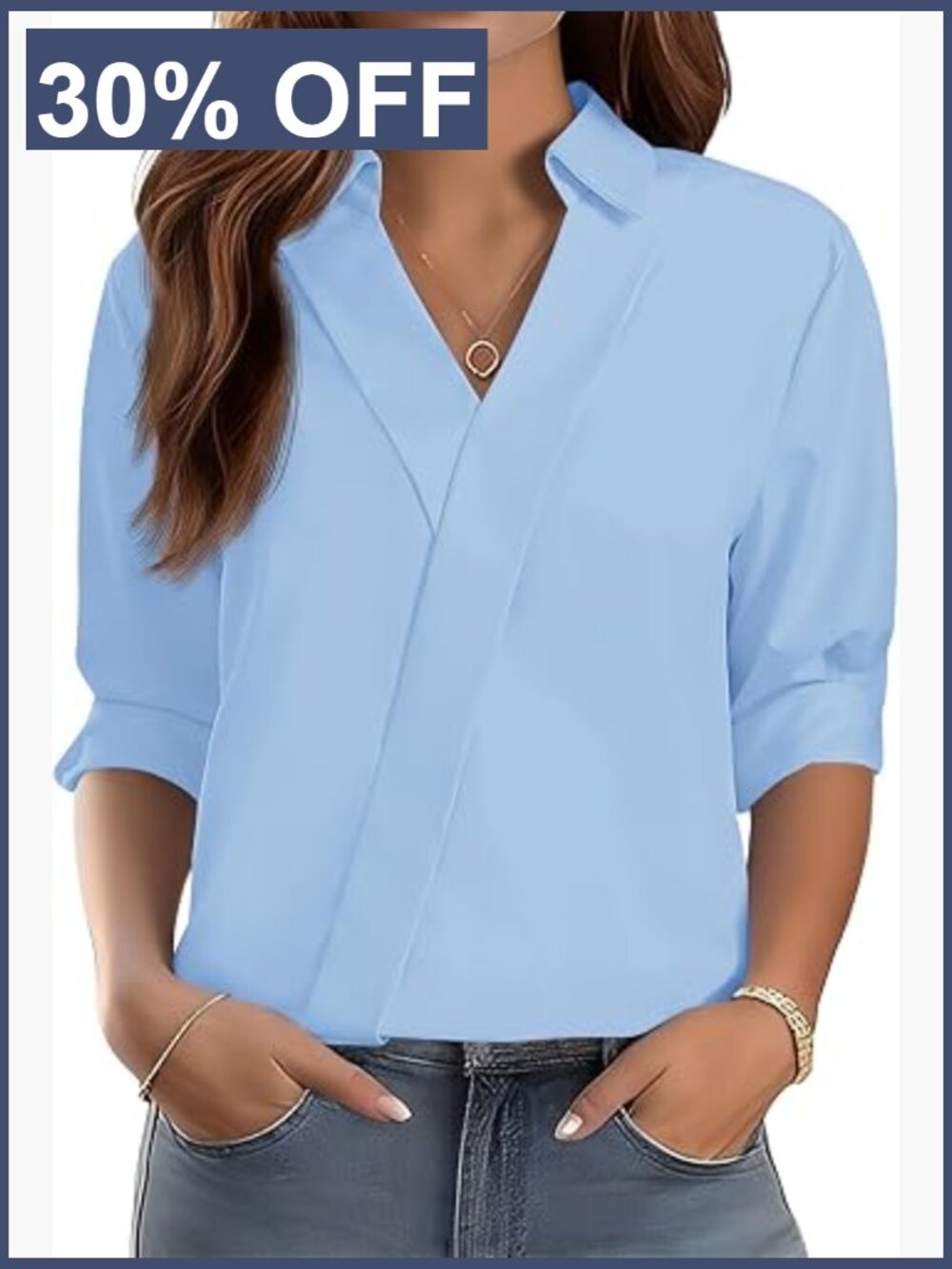 Women's Dressy V Neck 3/4 Sleeve Collared Blouse Top Business Casual